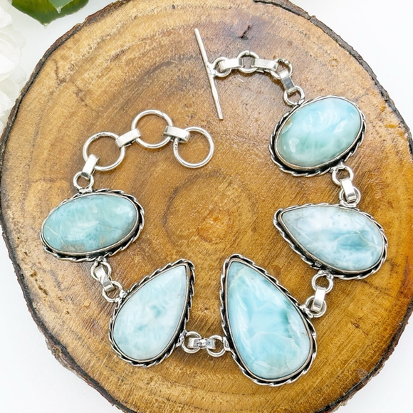 Hand Crafted Jewelry - Blue Larimar Chunky Gemstone Bracelet Oval Pear New 925